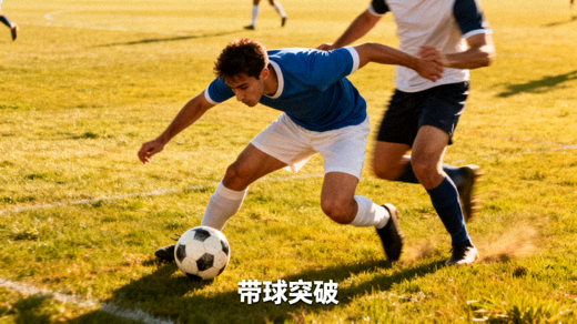 足球运动员在比赛中带球突破，球员表现观察配图
